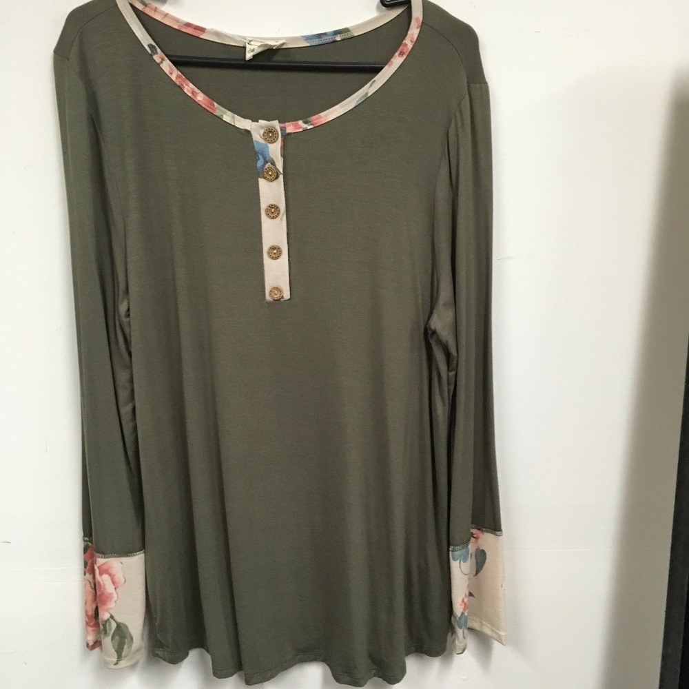 Olive Top With Floral Print Sleeves